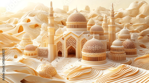 digital rendering depicts a fantastical Arabianstyle city sculpted from sand featuring intricate mosques and domes set against a rolling sand dune landscape photo