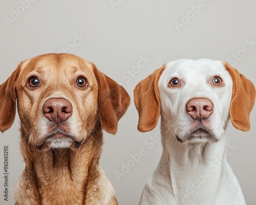 Close-up of two dogs faces studio setting animal photography neutral background portrait view pet emotions photo