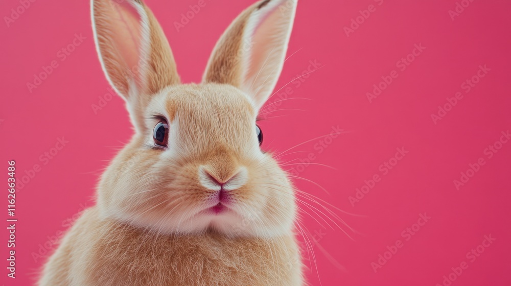 Fototapeta premium Cute Brown Rabbit with Soft Fur Against Pink Background