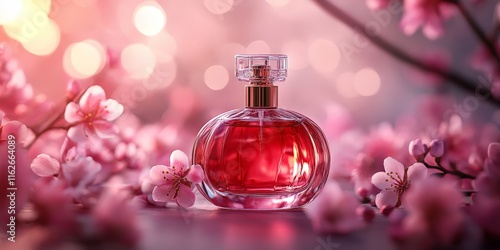 Luxurious red perfume bottle with vibrant floral accents
