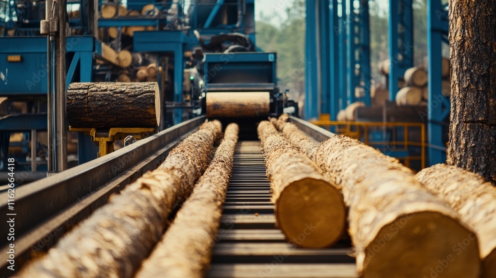Efficient timber processing at a modern sawmill. Streamlined log cutting enhances productivity, showcasing advanced forestry industry technology. Efficient timber processing at a modern sawmill. Streamlined log cutting enhances productivity, showcasing advanced forestry industry technology.
