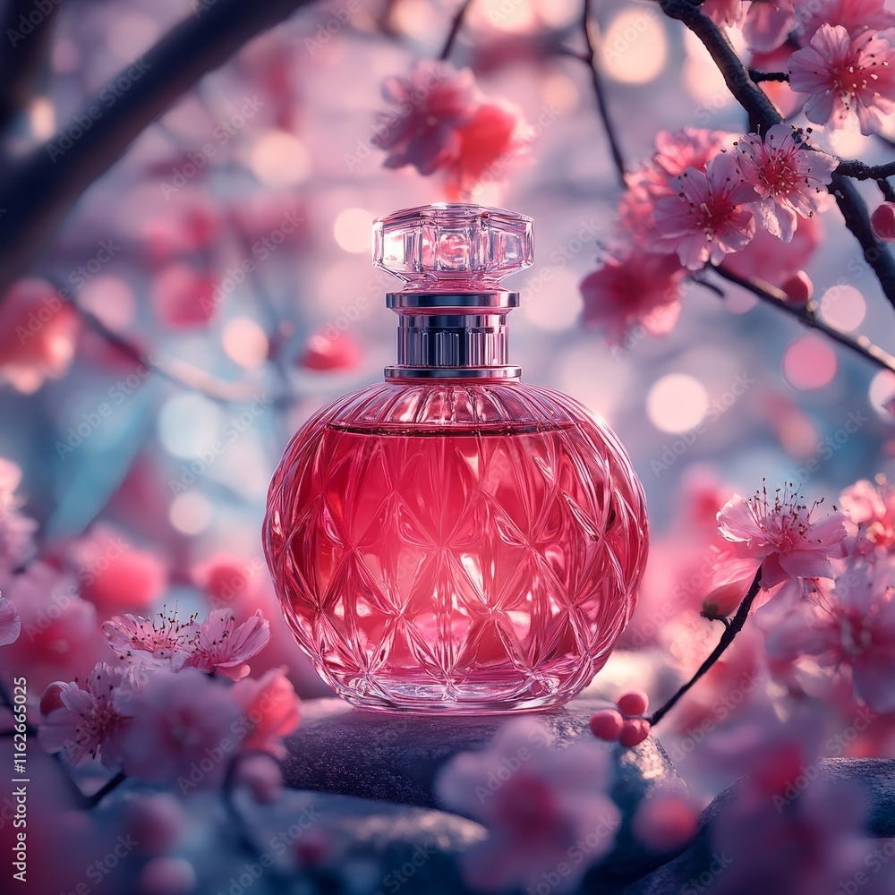 Luxurious red perfume bottle with vibrant floral accents Luxurious red perfume bottle with vibrant floral accents