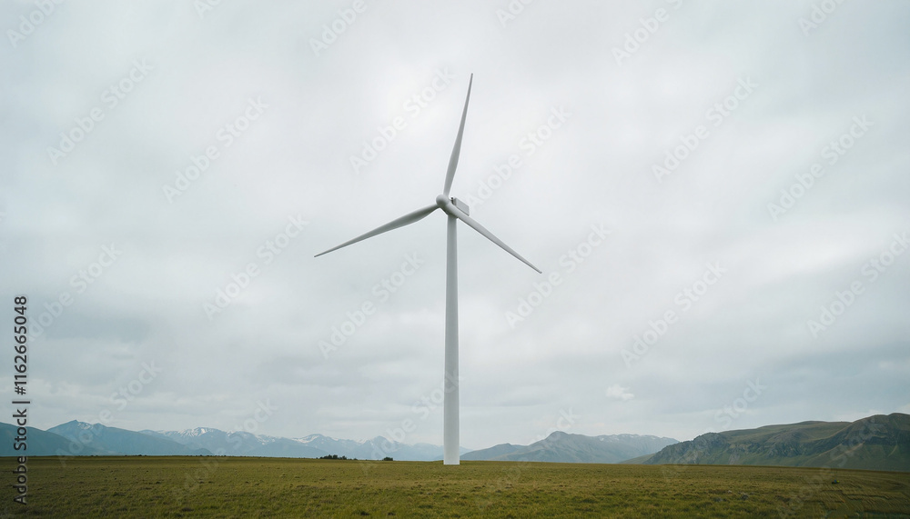 Obraz premium Wind turbine operating in open field under cloudy sky, sustainable energy. Earth Day, take care of the planet. 