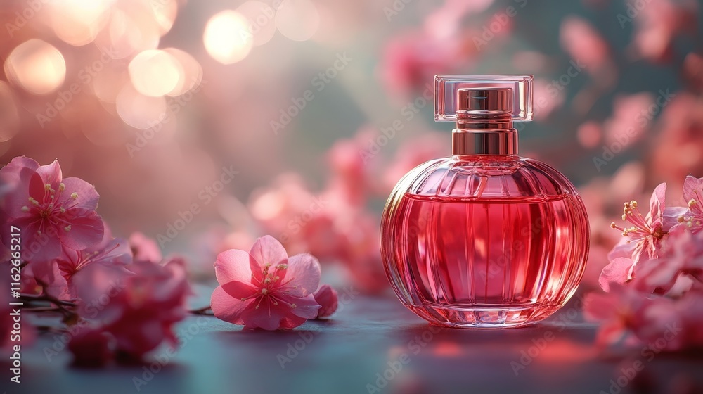 Luxurious red perfume bottle with vibrant floral accents Luxurious red perfume bottle with vibrant floral accents