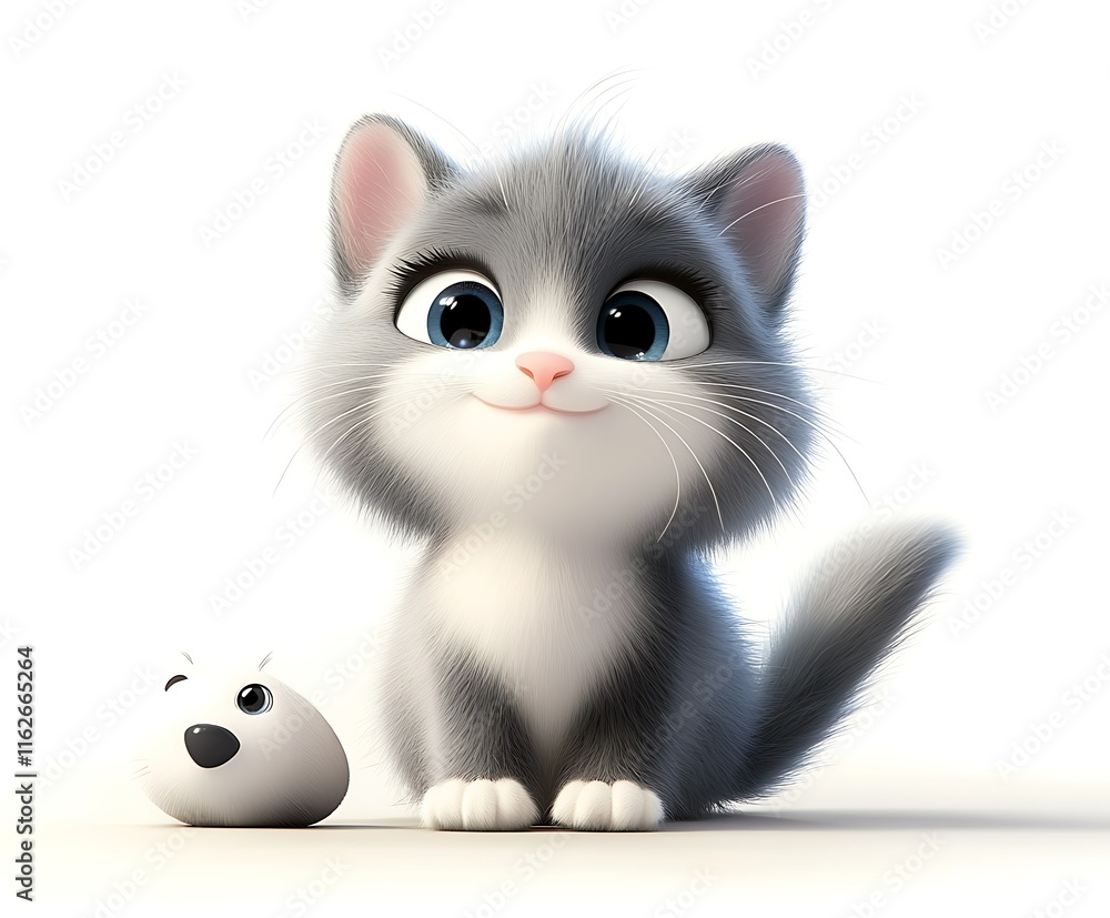 Fototapeta premium Adorable grey kitten with a small toy mouse.