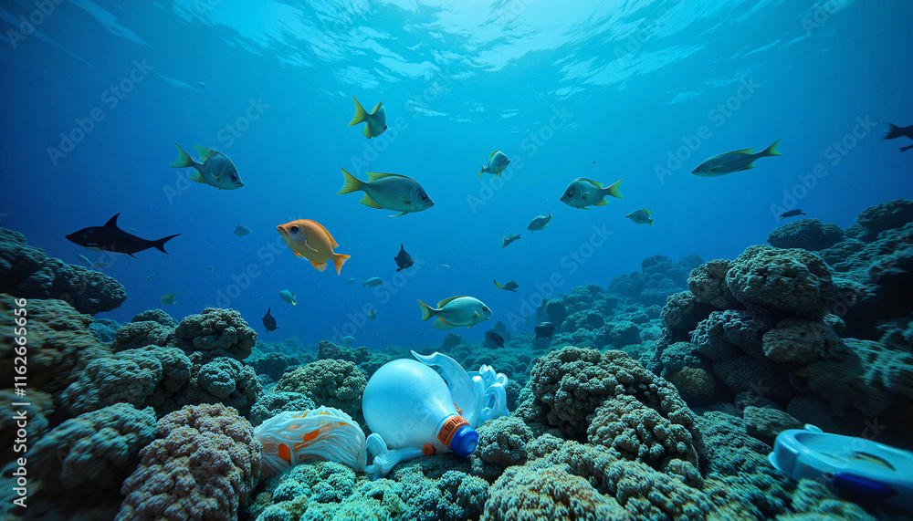 Fototapeta premium Marine wildlife navigating plastic debris in coral reef, pollution awareness. Earth Day, take care of the planet.