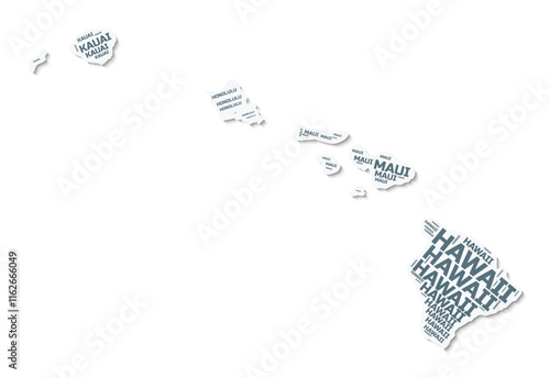 Hawaii shape text cloud. State border with shadow on white background. Hawaii with counties division in vintage gazette style. Amazing vector illustration.