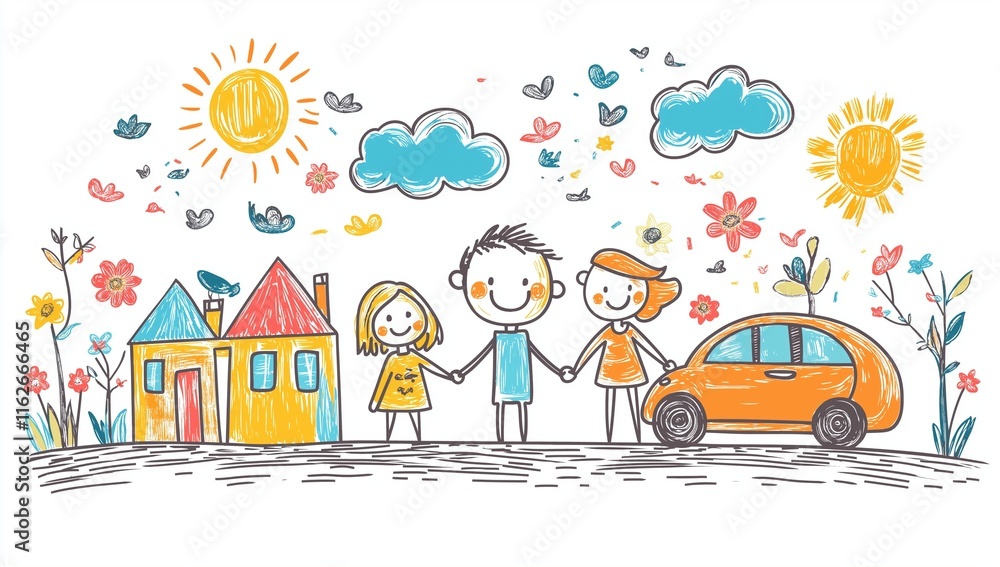 A family of stick figures with their child, surrounded by colorful drawings like flowers, clouds, houses, cars, trees, suns, and birds in the sky, isolated on a white background.
A family of stick figures with their child, surrounded by colorful drawings like flowers, clouds, houses, cars, trees, suns, and birds in the sky, isolated on a white background.