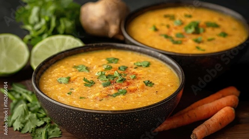 Two bowls of creamy carrot soup with cilantro. photo