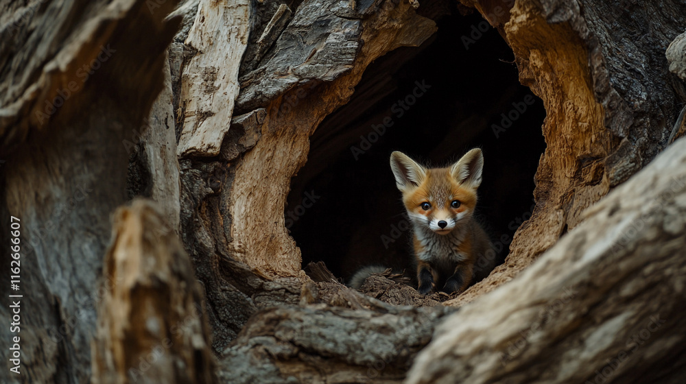 Curious fox peeking from a hollow tree trunk during a calm afternoon in the forest Curious fox peeking from a hollow tree trunk during a calm afternoon in the forest
