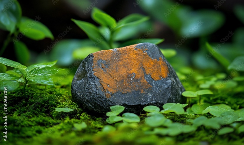 Textured rock amidst lush greenery. Textured rock amidst lush greenery.