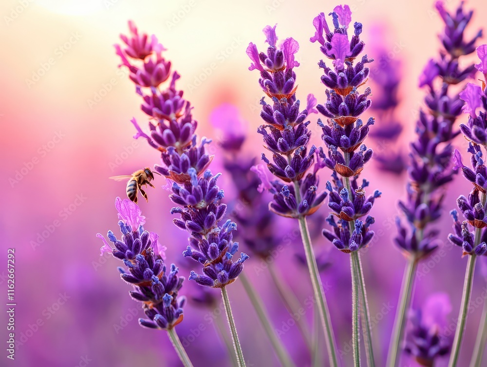 Fototapeta premium Bees pollinating lavender flowers garden close-up photography serene environment macro view nature's beauty