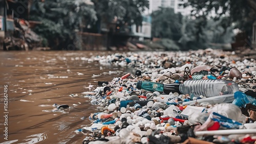 A polluted riverbank covered with plastic bottles, trash, and debris, highlighting the environmental impact of improper waste disposal. The scene contrasts the murky river water with the urban structu photo