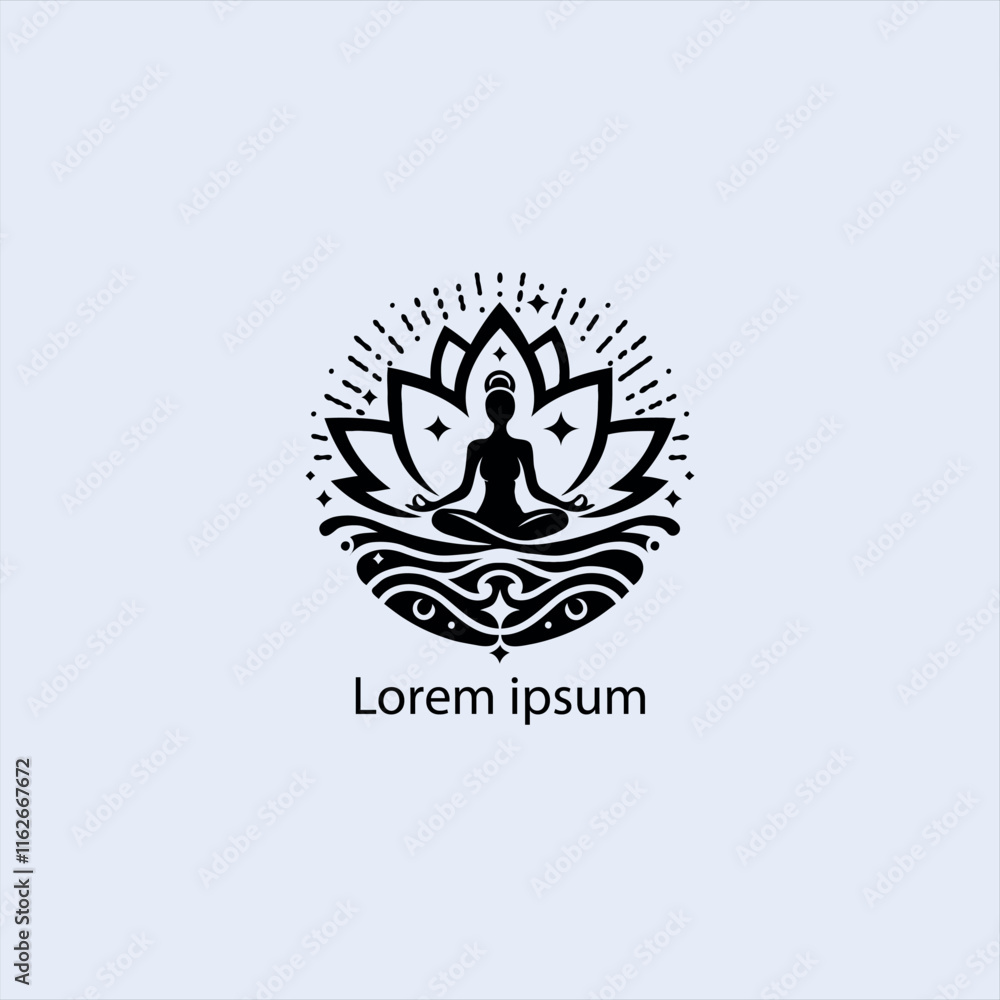 Design a minimalist logo featuring a serene figure in a meditative pose, seated on a stylized lotus flower Design a minimalist logo featuring a serene figure in a meditative pose, seated on a stylized lotus flower