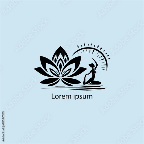 Design a minimalist logo featuring a serene figure in a meditative pose, seated on a stylized lotus flower