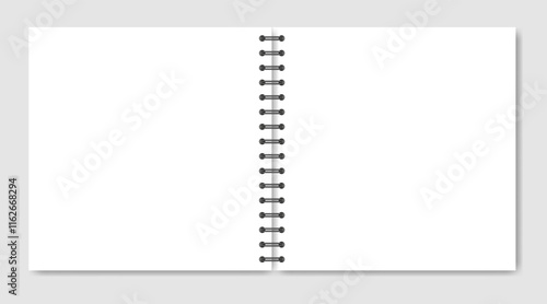 Mockup of a white notebook with spiral. Shiny metal binder clip. Mockup of a small book, diary, notepad. Open copybook, white sheets of paper with black binder. Square format
