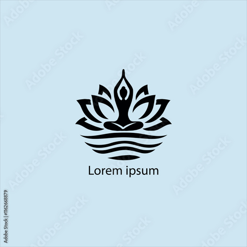 Design a minimalist logo featuring a serene figure in a meditative pose, seated on a stylized lotus flower