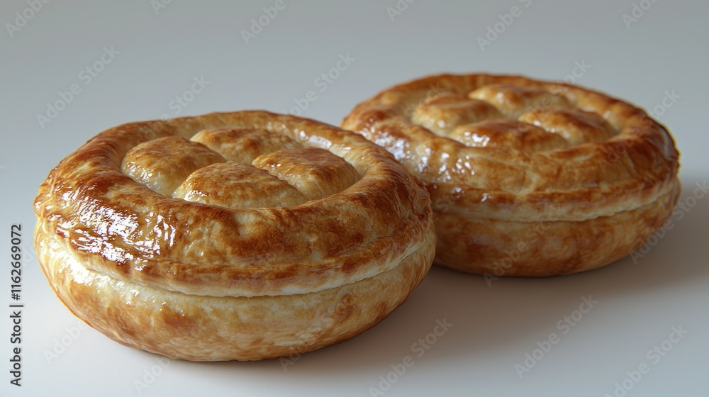 Two golden brown baked pastries on white. Two golden brown baked pastries on white.