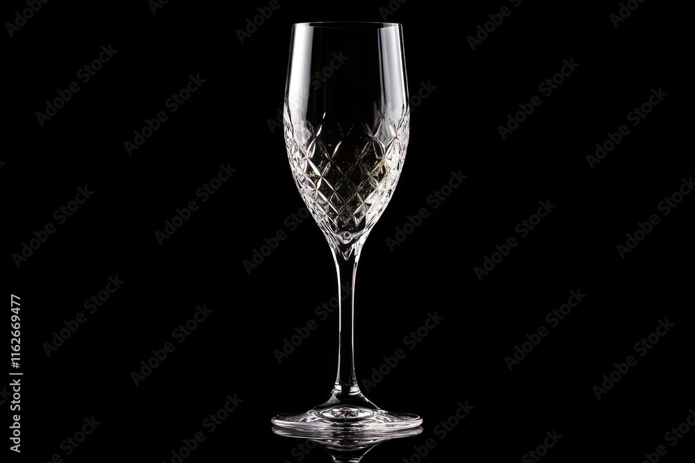 Crystal champagne glass on black background with elegant details Crystal champagne glass on black background with elegant details