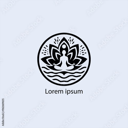 Design a minimalist logo featuring a serene figure in a meditative pose, seated on a stylized lotus flower