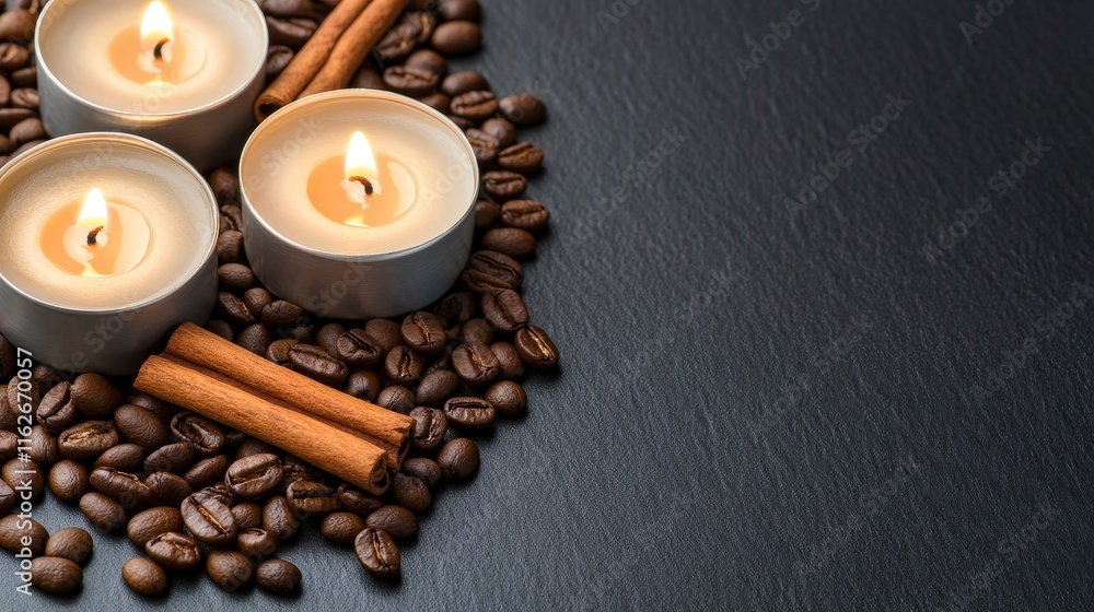 Cozy Aromatic Setting with Coffee Beans and Candles for Relaxation Cozy Aromatic Setting with Coffee Beans and Candles for Relaxation