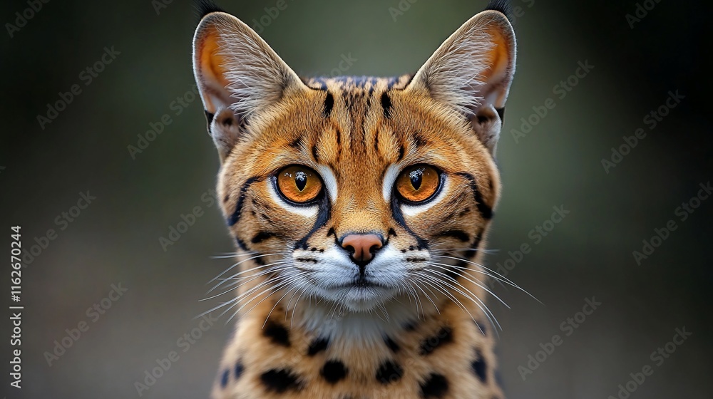 Fototapeta premium Serval with amber eyes faces front.