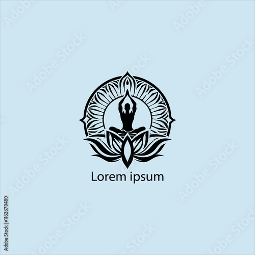 Design a minimalist logo featuring a serene figure in a meditative pose, seated on a stylized lotus flower