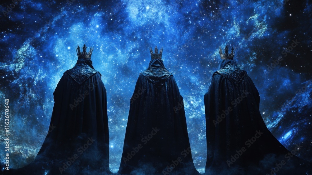 Majestic Kings in Cosmic Space with Starlit Background and Crowns Majestic Kings in Cosmic Space with Starlit Background and Crowns