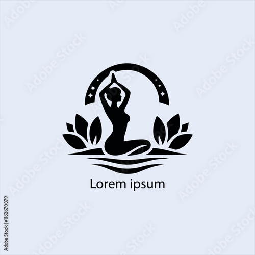 Design a minimalist logo featuring a serene figure in a meditative pose, seated on a stylized lotus flower