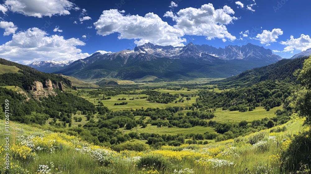 Naklejka premium Idyllic green hill station with flowers and meadows