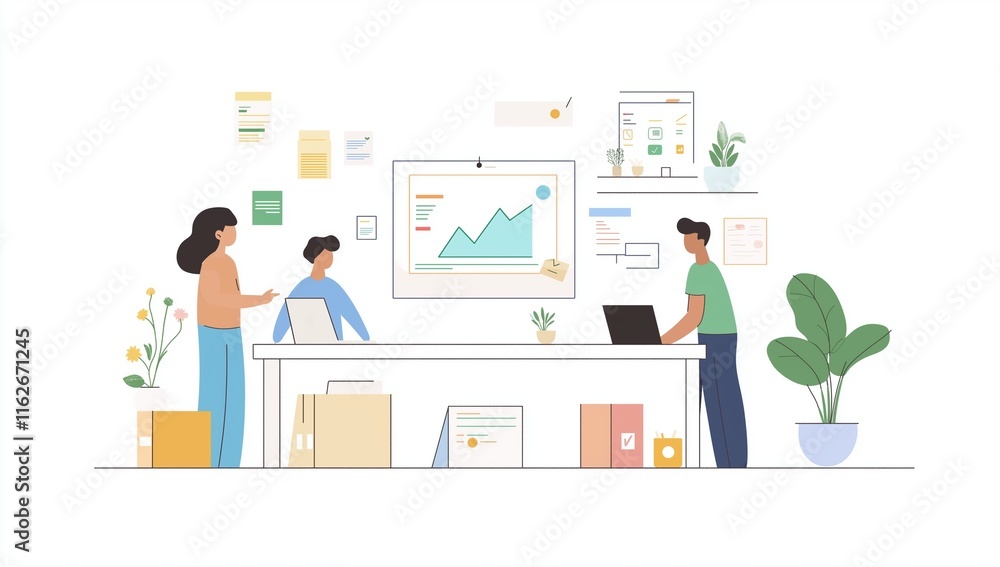 A flat vector illustration of three people working together in an office, surrounded by charts and graphs showing data analytics, with colorful icons representing different marketing services.