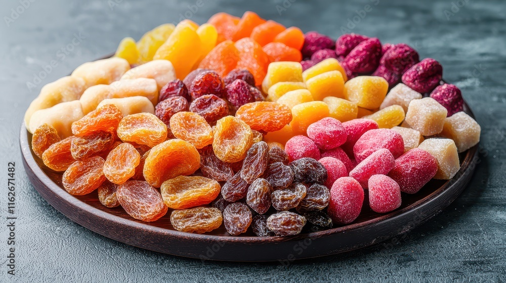 Chinese New Year's Eve Concept, Decorative Tray Filled with Colorful Dried Fruits and Sweets for Festive Celebrations Chinese New Year's Eve Concept, Decorative Tray Filled with Colorful Dried Fruits and Sweets for Festive Celebrations