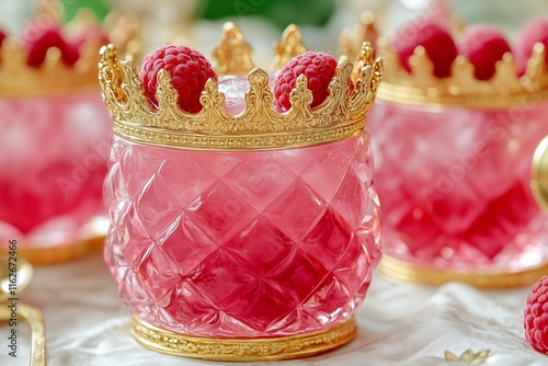 A crown-shaped glass of royal raspberry refresher, with golden rims, at a regal coronation ceremony. photo