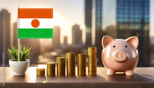 flag of Niger and piggy bank with columns of coins,against blurry city buildings.Business,earnings,make money,finance and economy concept. photo