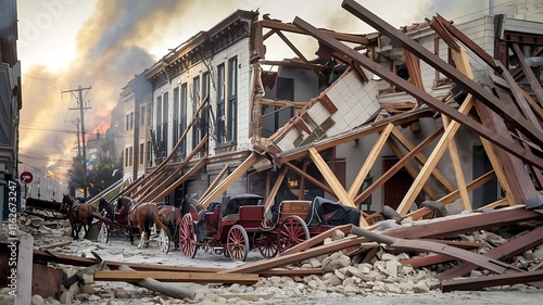 A historical scene depicting the aftermath of the Great San Francisco Earthquake, with collapsed buildings, debris-filled streets, horse-drawn carriages, and smoke rising in the background, symbolizin