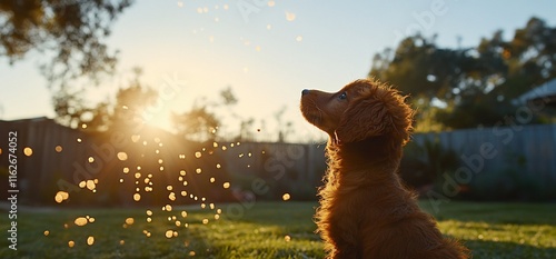 Puppy looks at sunlit dust motes. photo