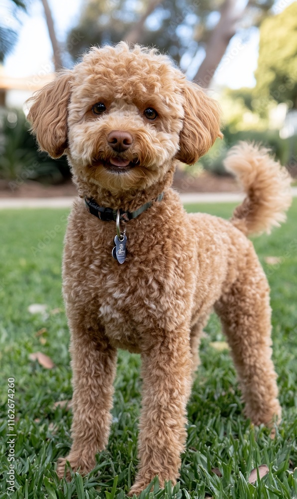 Poodle mix dog smiles in yard with blurred trees behind. Poodle mix dog smiles in yard with blurred trees behind.