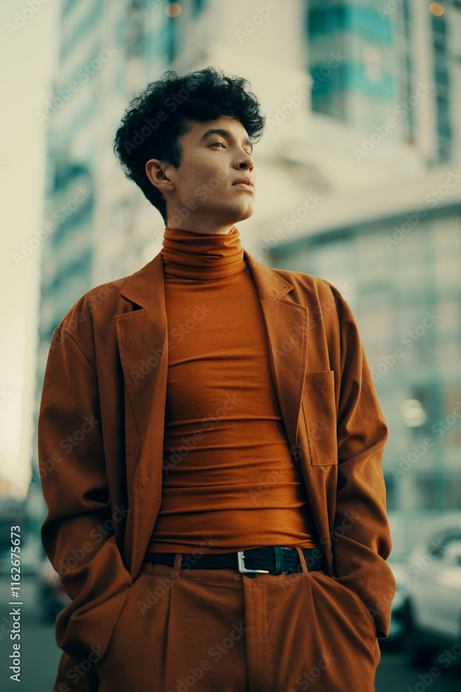 Fototapeta premium Stylish young man in urban setting wearing an orange outfit with turtleneck and blazer, confidently posing amidst a city backdrop