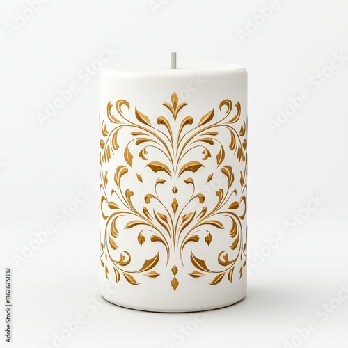 Elegant white candle with intricate golden floral design, perfect for home decor and creating a warm ambiance.