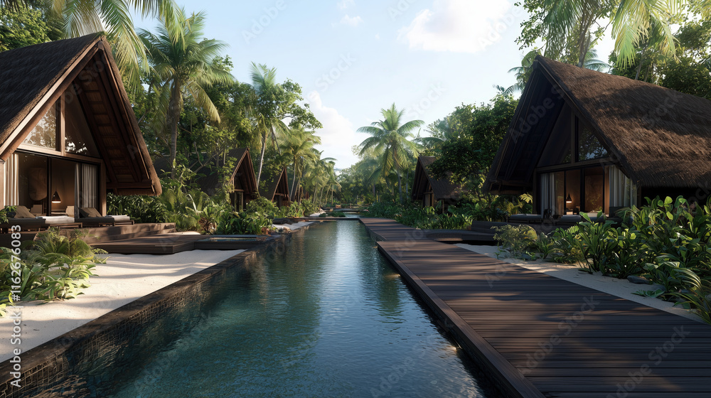 Earthy traditional huts in vibrant community, Serene Evening at Modern Eco-Friendly Forest Cabins Earthy traditional huts in vibrant community, Serene Evening at Modern Eco-Friendly Forest Cabins