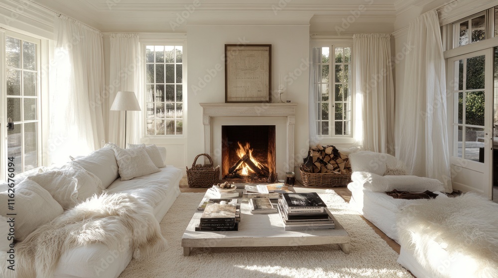 Fototapeta premium Serene White Living Room with Cozy Fireplace