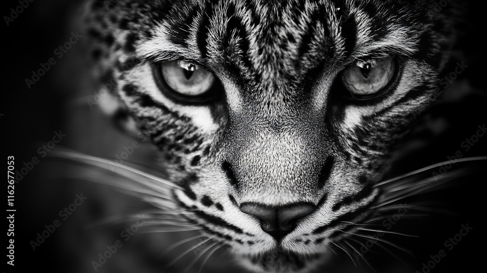 Obraz premium Ocelot portrait, black and white with intense stare.