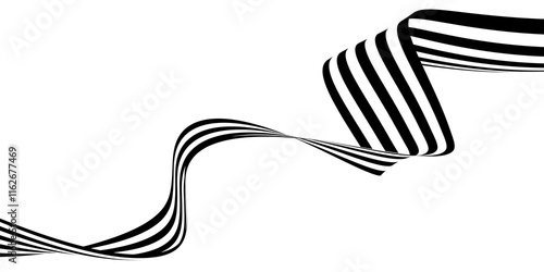 Fototapeta Naklejka Na Ścianę i Meble -  Abstract black and white smoothly bent ribbon geometrical shape with stripes isolated on white background