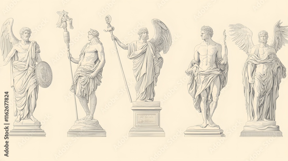 Obraz premium Five Classical Sculptures Depicting Winged Figures and Gods