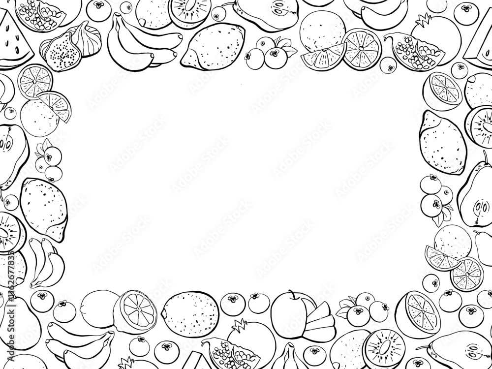 Obraz premium Hand Drawn Fruit Frame for Text Place, Healthy Food Menu Vector Template, Line Illustration