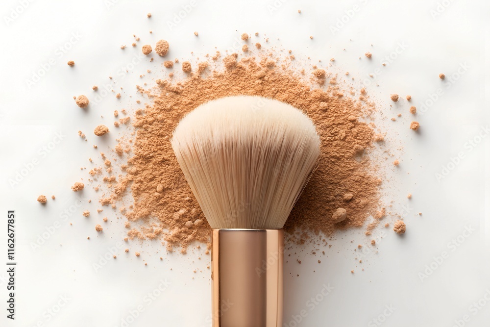 A makeup brush with soft, fluffy beige bristles is surrounded by scattered loose brown powder on a clean white background, highlighting texture and precision. A makeup brush with soft, fluffy beige bristles is surrounded by scattered loose brown powder on a clean white background, highlighting texture and precision.