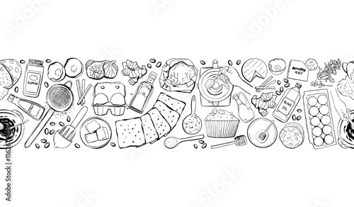 Baking Recipe Border Repeat Vector Pattern in Vintage Style with Doodles