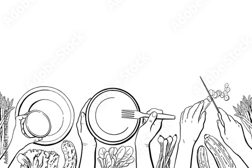 Cooking Classes Vector Template with Human Hands Cook Food, Top View Banner