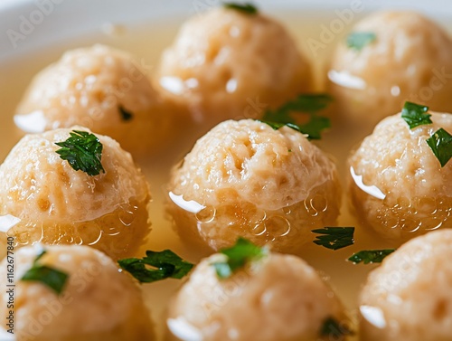 Close-up of Delicious Chicken Broth with Matzah Balls photo