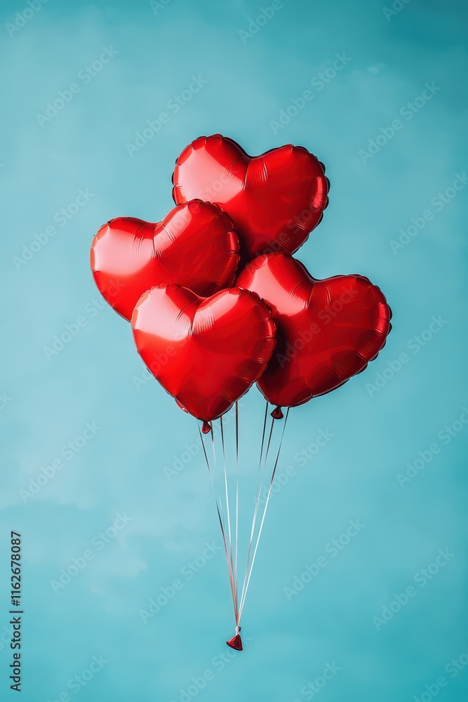 Fototapeta premium Heartshaped balloons floating in a dramatic sky celebrating love emotional art aerial view romantic concept